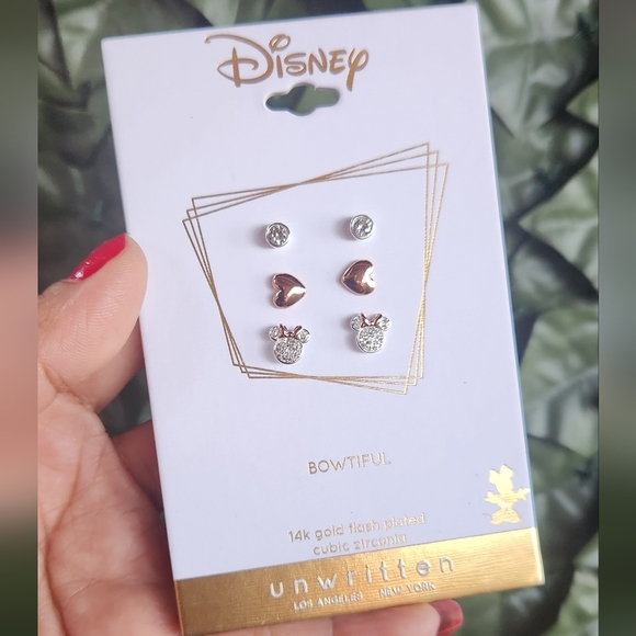 Disney Three Pair Silver Plated Two Tone Rose Gold Heart And Bezel Cubic Zirconi - Picture 1 of 8